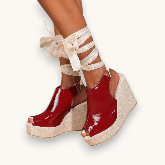 Women's Round Peep Toe Platform Wedge Sandals Espadrille, RED, Size 6.5 - Picture 3 of 7